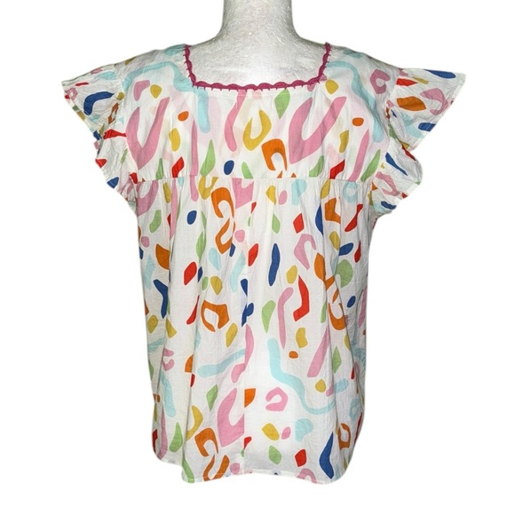 THML Multicolored Geometric Printed Embroidered Flutter Cap Sleeve Top - L - Picture 5 of 9